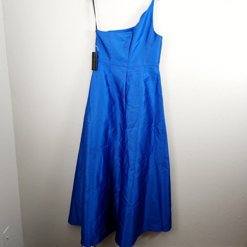 Alfred Sung One Shoulder High Low Satin Gown Classic Blue NWT Size 14 D831 Gown - Picture 9 of 13